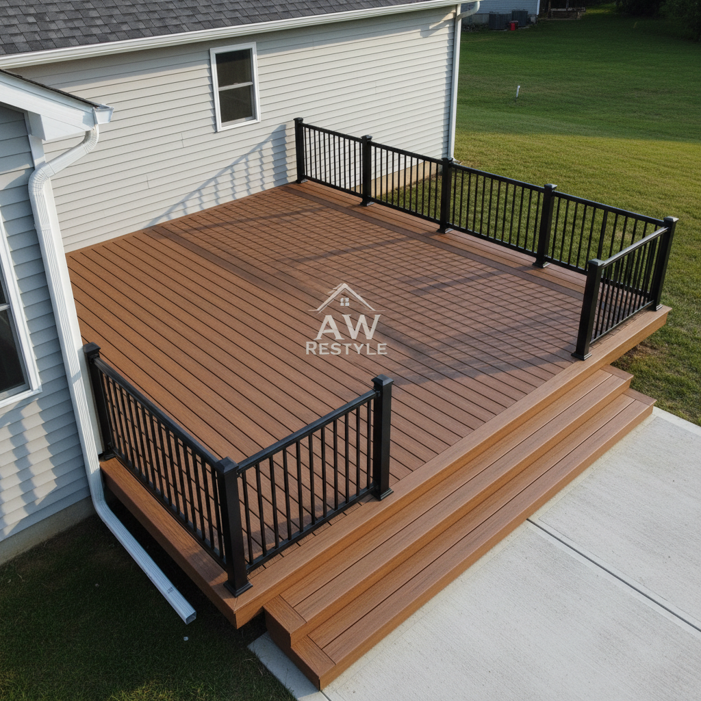 An expansive composite deck attached to a freshly sided home, featuring precisely spaced, wood-look planks in a warm chestnut tone and a sturdy black metal railing system with perfectly vertical balusters. Wide, even steps lead down to a neatly edged concrete patio. Soft late-afternoon sunlight creates long, gentle shadows across the deck boards, emphasizing their texture and straight alignment. In the background, a well-kept lawn and the home’s new gutters and downspouts are visible, showcasing exterior upgrades. The image is captured from a slightly elevated corner angle to reveal depth and the full deck footprint. The mood is welcoming and relaxed, with clean photographic realism underscoring the durability and craftsmanship of AW Restyle’s deck and exterior remodeling work.