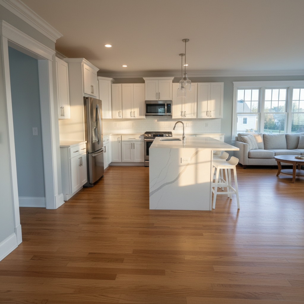 A meticulously renovated open-concept living room and kitchen featuring a seamless blend of warm oak flooring, crisp white shaker cabinets, and a large quartz waterfall island with subtle gray veining. Stainless steel appliances, a sleek tile backsplash, and flawless trim work highlight the quality craftsmanship. The space is bathed in soft afternoon natural light from expansive windows, creating gentle reflections on the polished surfaces. Viewed from a slightly elevated angle with sharp focus throughout, the composition showcases the full room layout, including a glimpse of a freshly painted hallway. The mood is calm, professional, and inviting, captured in clean photographic realism to emphasize the transformation potential of comprehensive home remodeling.