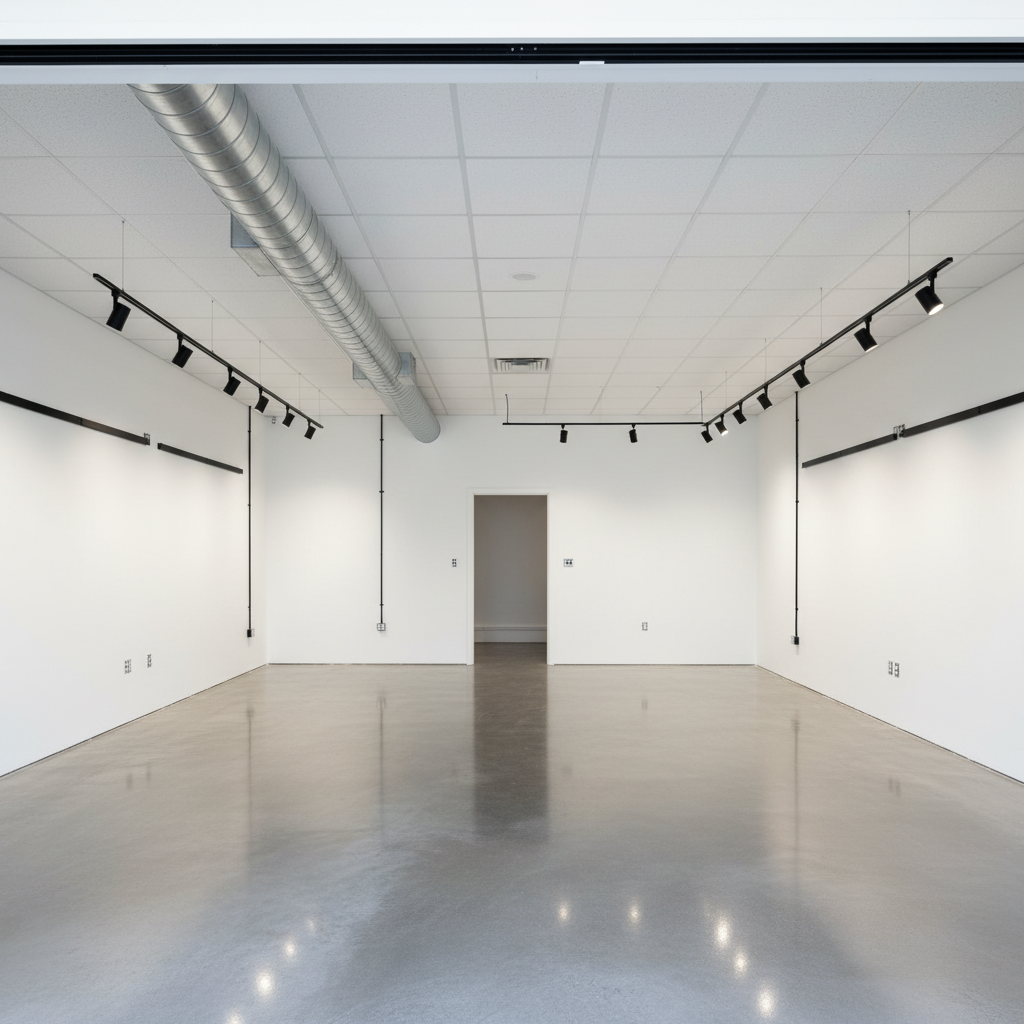 A commercial retail interior in the middle of a remodel, showcasing a pristine newly poured and polished concrete floor meeting freshly painted walls in a crisp white. Exposed ductwork and a clean, newly installed drop ceiling grid convey a modern industrial tone. Electrical conduit, outlets, and LED track lighting are precisely aligned along the walls and ceiling. Bright, neutral overhead lighting evenly illuminates the space, creating a professional showroom atmosphere without harsh glare. Shot from an eye-level perspective at the front of the store, the composition leads the eye toward the back wall, subtly revealing a neatly framed doorway. The mood is organized, efficient, and ready for business, captured in clean photographic realism to demonstrate AW Restyle’s commercial remodeling capabilities.