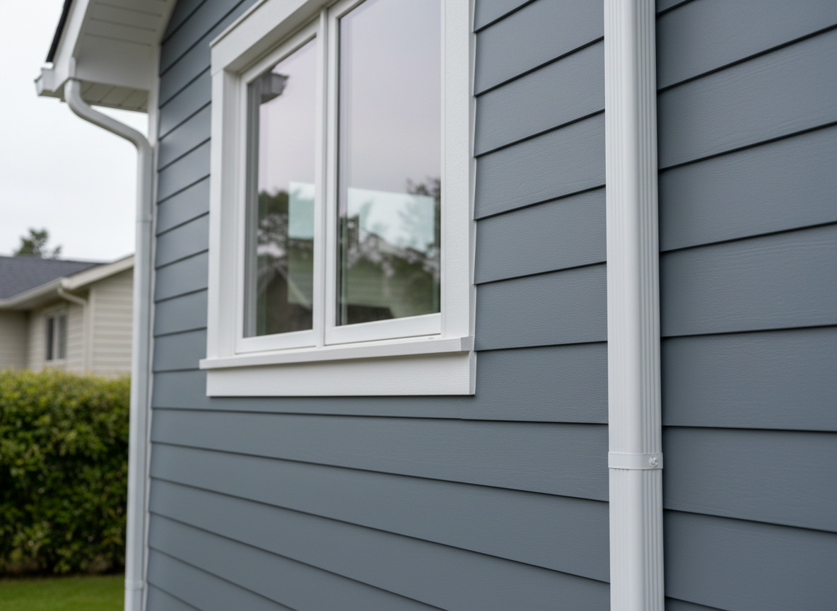 A close-up, detailed view of flawless exterior siding installation on a contemporary home, featuring smooth, horizontal fiber cement boards in a cool slate gray, perfectly staggered and aligned. Crisp white trim frames a double-pane energy-efficient window, with new gutters and downspouts running neatly along the roofline and corner. Overcast daylight provides soft, diffused lighting that eliminates harsh shadows, allowing the precise joints, caulking, and paint finishes to stand out clearly. The camera is positioned at a slight upward angle, focusing primarily on the intersection of siding, trim, and gutter, with a shallow depth of field gently blurring the background. The mood is confident and professional, emphasizing durable materials and meticulous craftsmanship in a highly realistic, photographic style for exterior remodeling marketing.