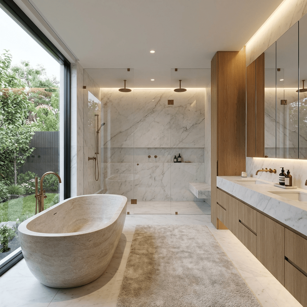 Luxurious bathroom featuring a stone bathtub, marble walk-in shower, and wooden vanity.